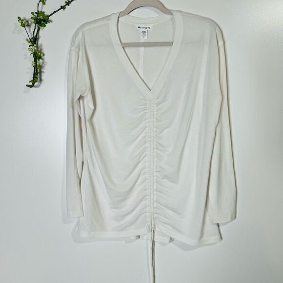 Athleta White Center Ruched Longsleeve Tee Shirt V-neck - Picture 5 of 6